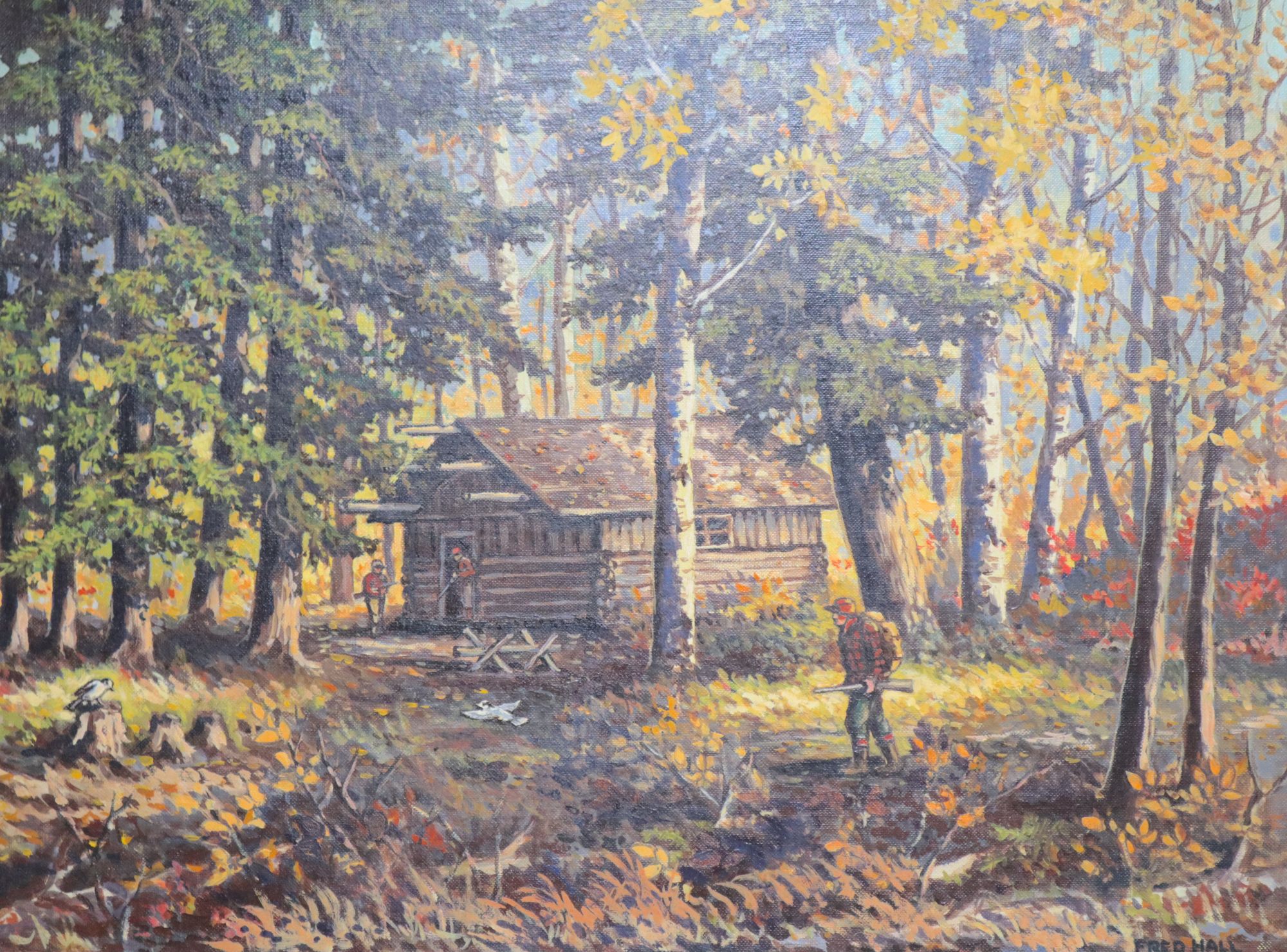 Fred Hall (1860-1948), oil on canvas board, Hunt Camp, Canoeshed Lake, Gogama, Canada, signed, 39 x 49cm